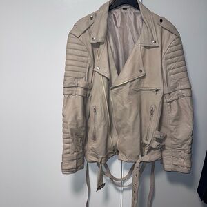Men's Beige 100% Real Leather Biker Jacket